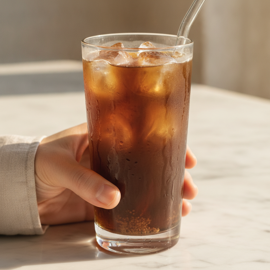 cold brew coffee in a tall glass with ice, condensation on the glass