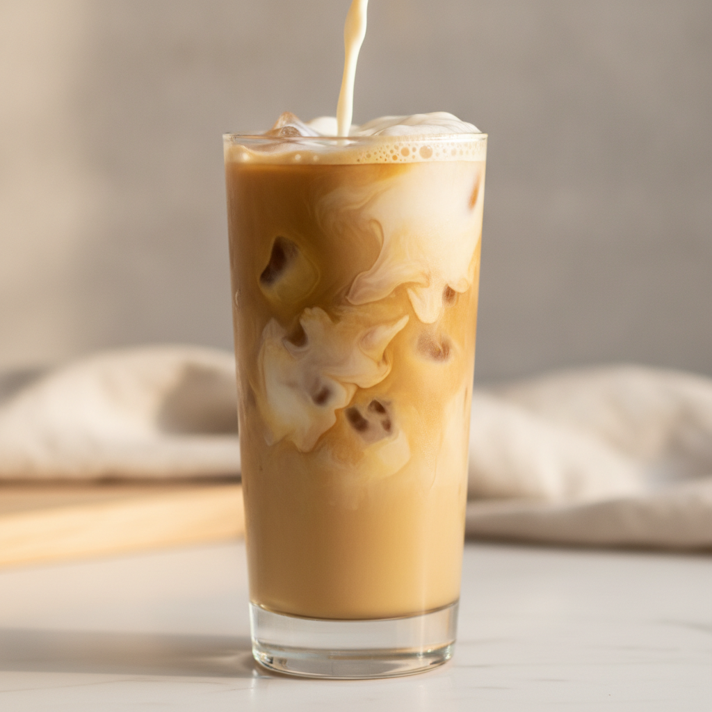 iced latte in a tall glass with milk swirling through ice