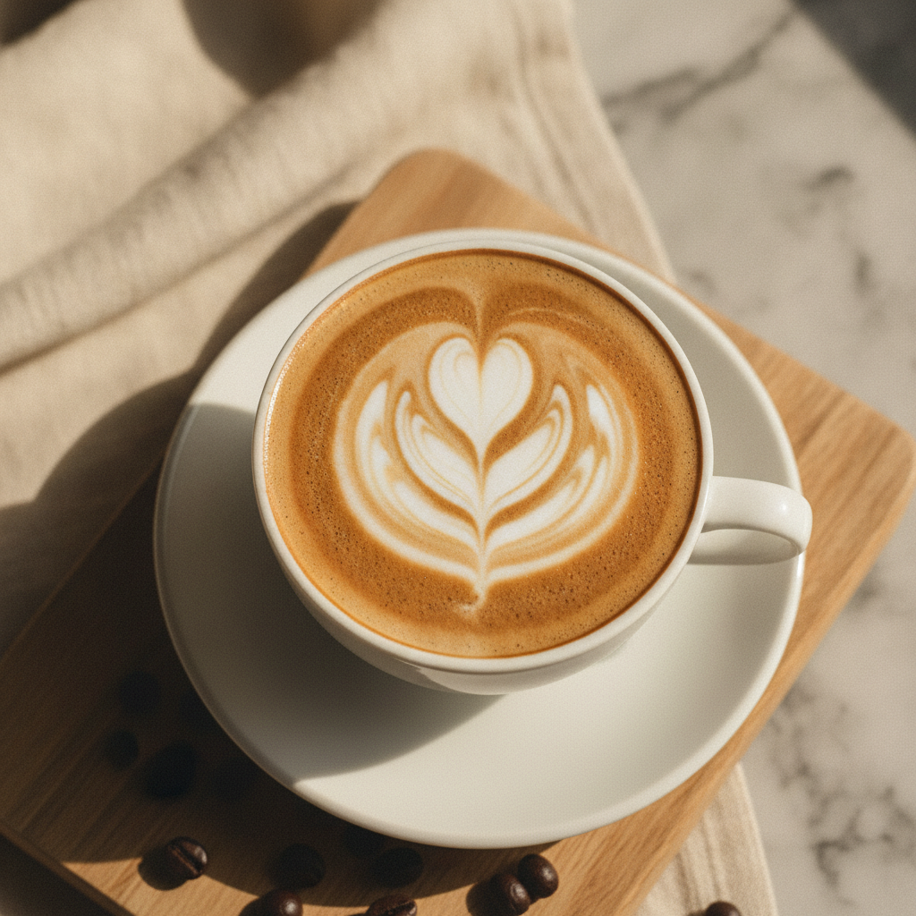 cappuccino with detailed latte art on a saucer, top-down view
