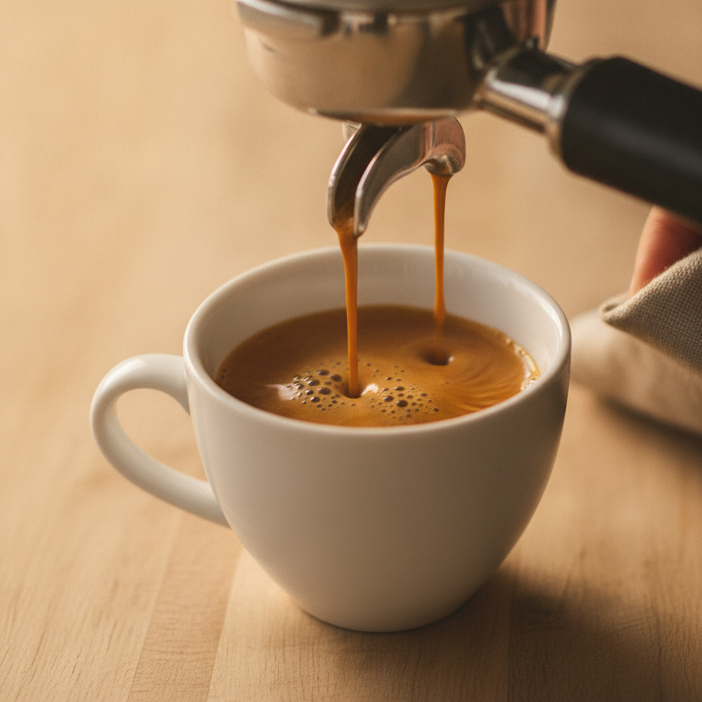 espresso shot pouring from portafilter into a small white cup